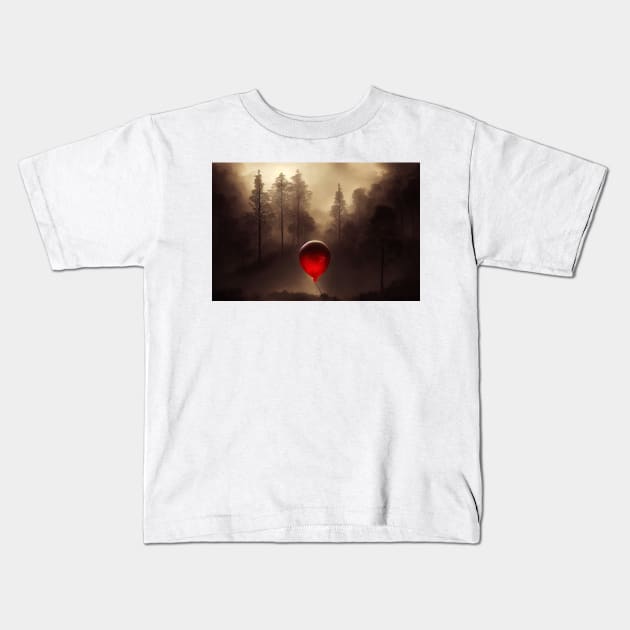 Hope goes out , Red balloon in foggy forest Kids T-Shirt by DyeruArt